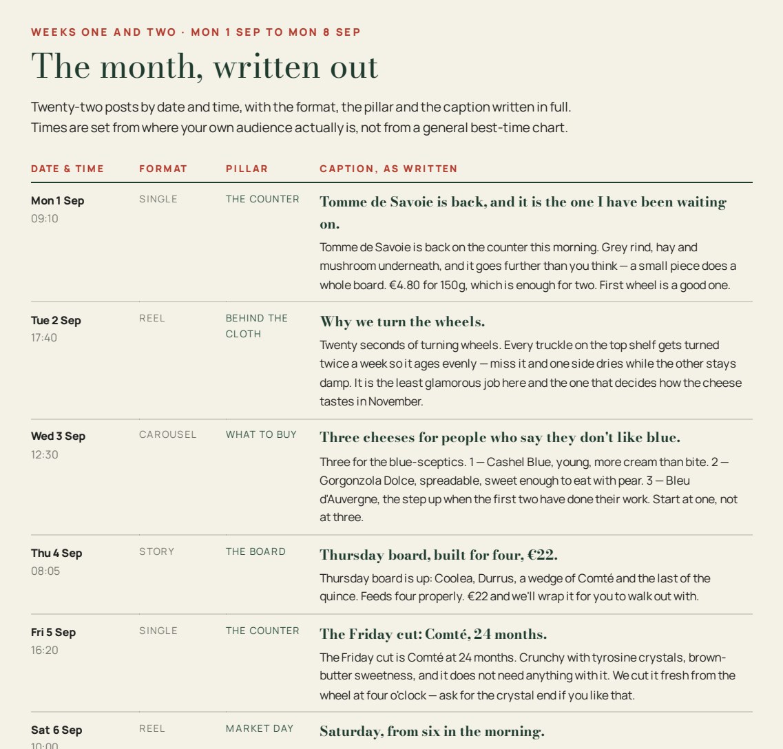 A page from the Rennet and Rind retainer — the month laid out by date with every caption written