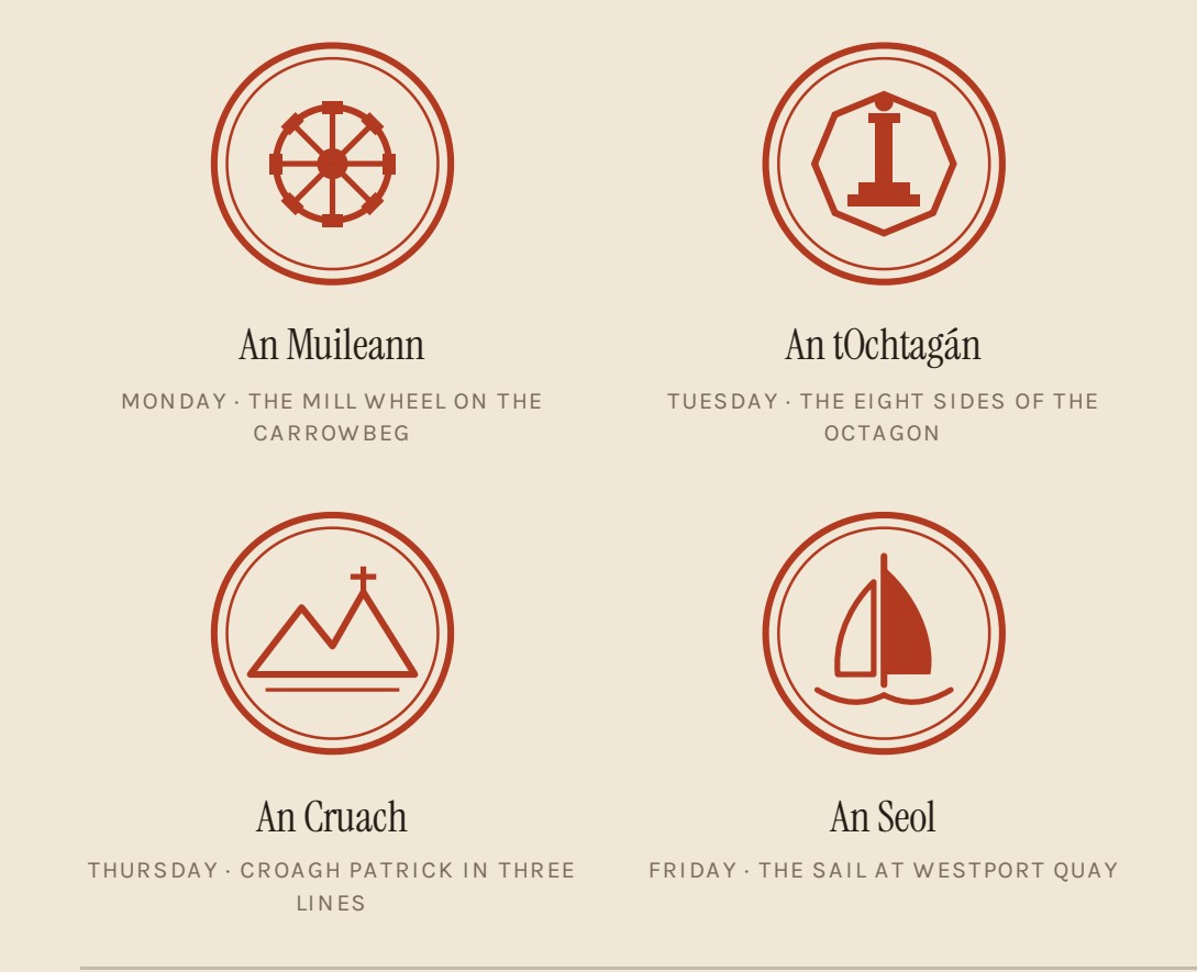 Four of the six carved stamps — a mill wheel, an octagon, Croagh Patrick and a sail — each named for the day it bakes