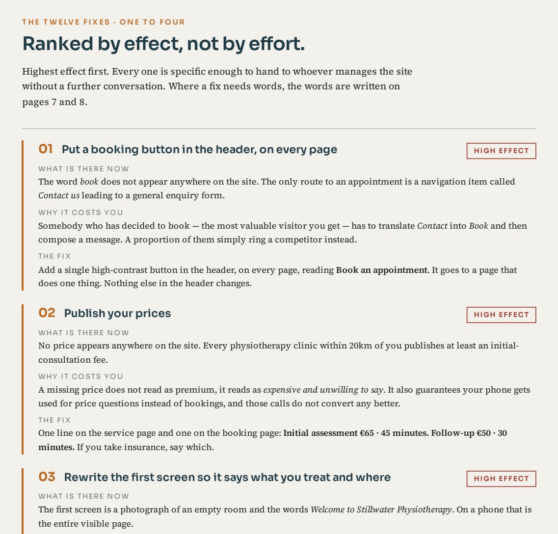 A page from the Stillwater audit — twelve fixes ranked by effect, each tagged high, medium or low