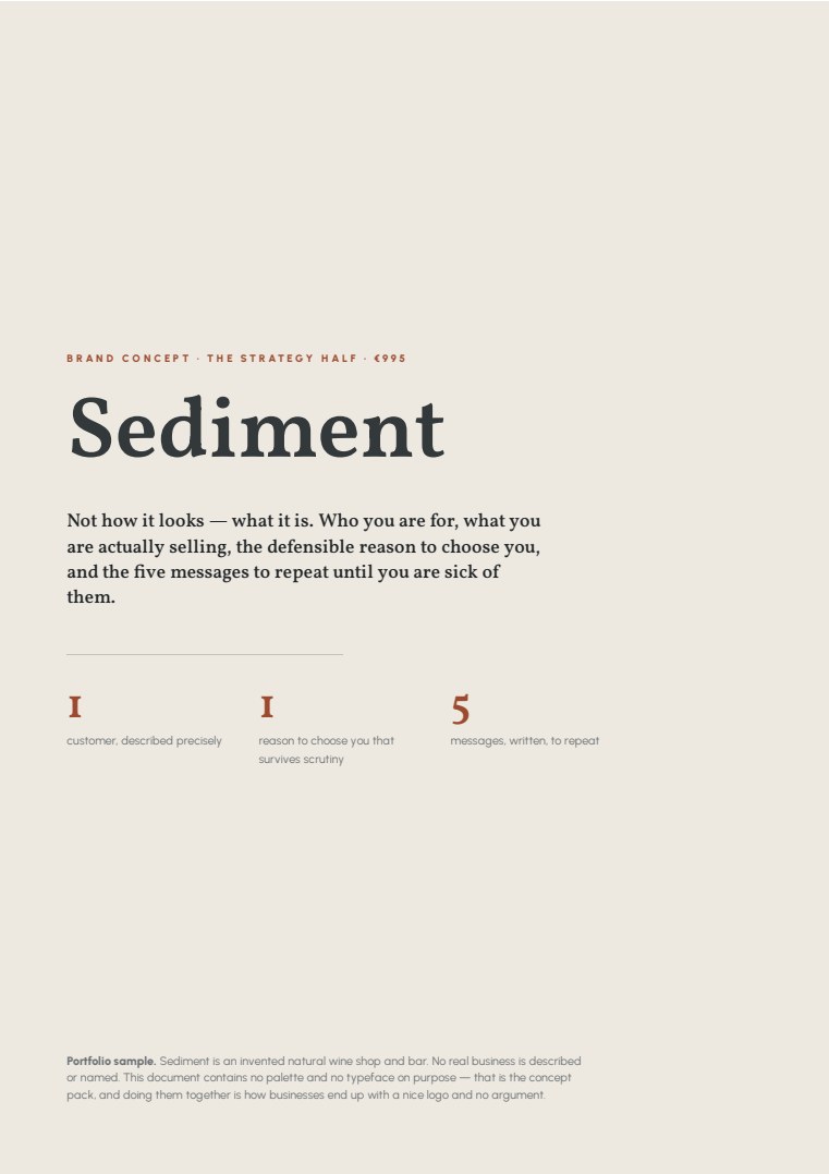Cover of the Brand concept · the strategy half sample for Sediment