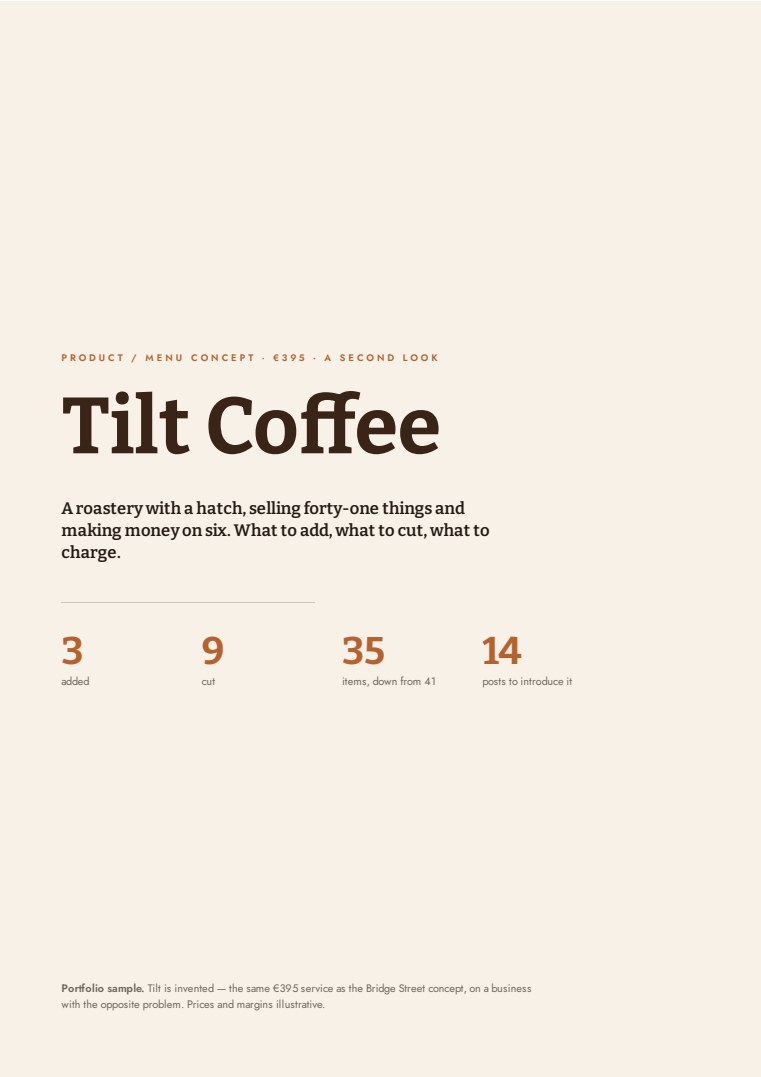 Cover of the Product / menu concept sample for Tilt Coffee